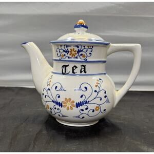 Vintage Royal Sealy Heritage Teapot Blue Onion Folk Art Japan MCM 4 Cup W/Lid